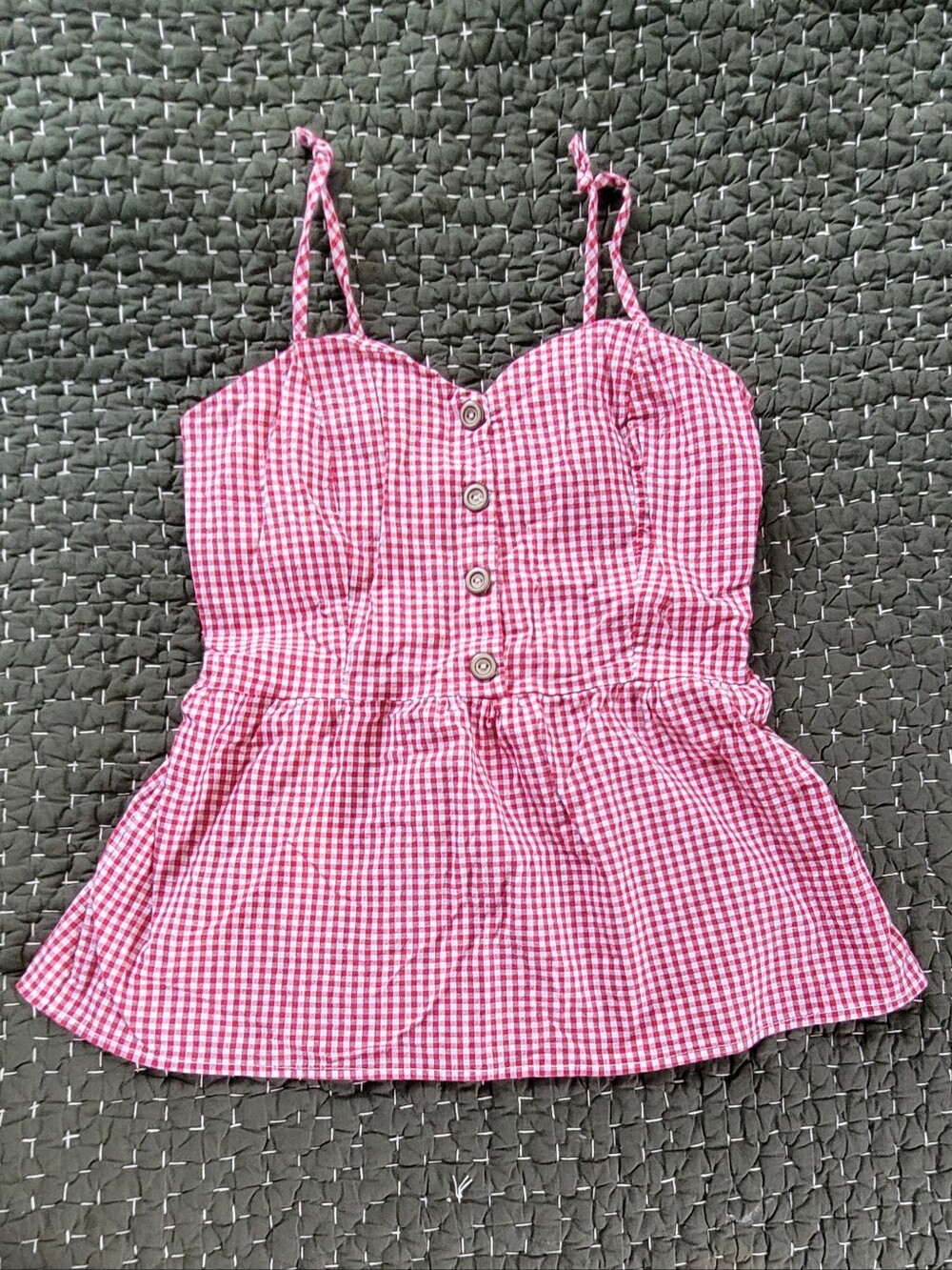 Red And White Gingham Button-Front Peplum Top. Womens Size Small.